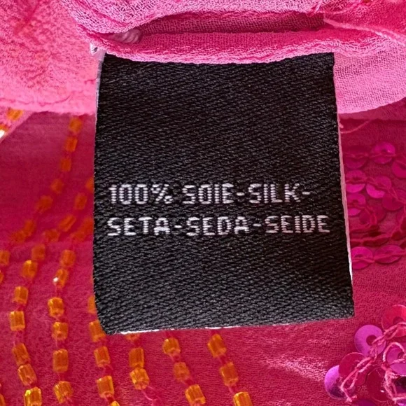 Antik Batik Pink Orange Beaded Silk Blouse 3/4 Sleeve Scalloped Hem Top Medium - Picture 7 of 13